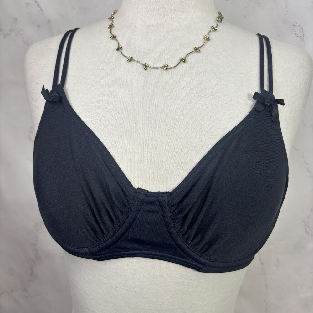 Vintage 90s  Lily of France Lace Plunge Bra 36B Black Lingerie Underwire Unlined